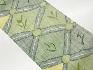 手織り真綿紬変わり格子に草葉模様織出し名古屋帯